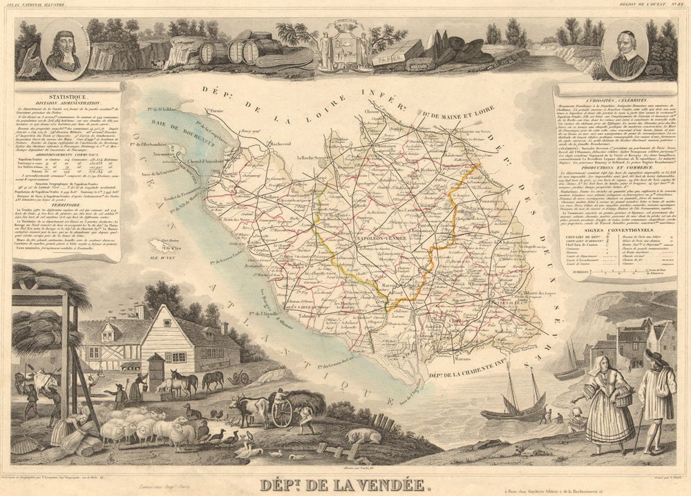 Département de la VENDÉE. Decorative antique map/carte by Victor LEVASSEUR 1852