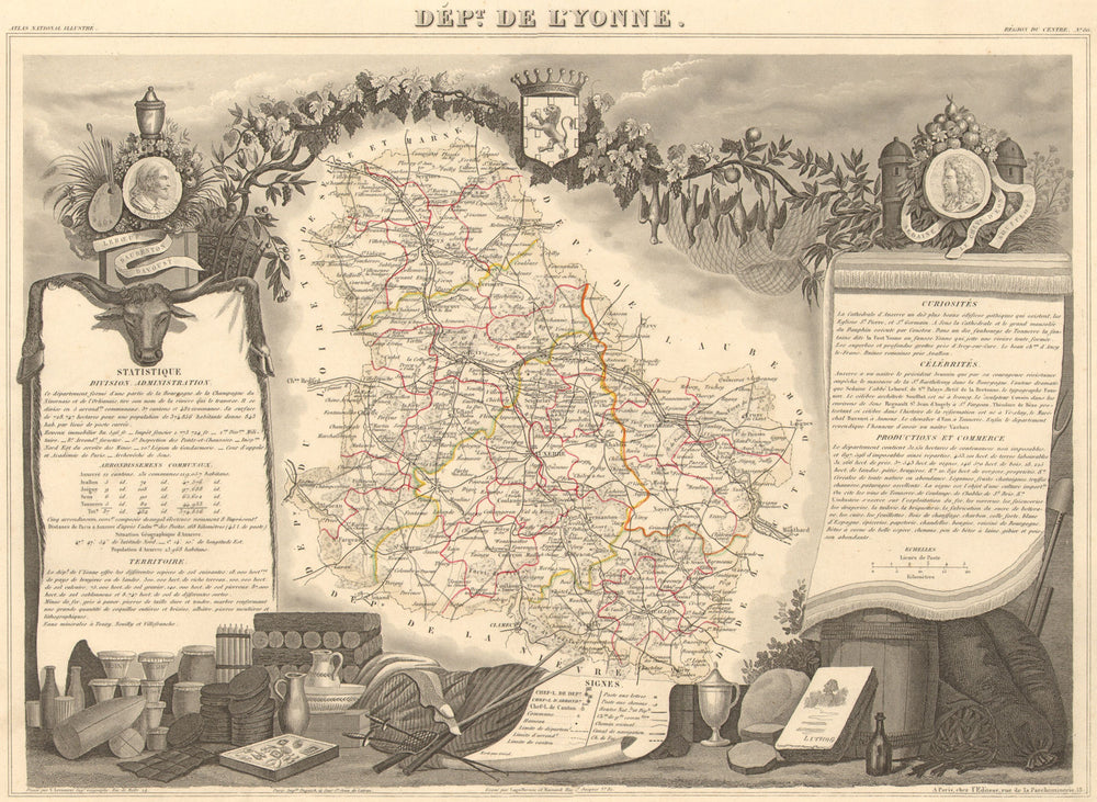 Département de l'YONNE. Decorative antique map/carte by Victor LEVASSEUR 1852