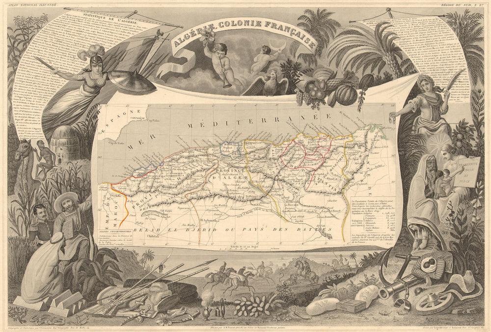 ALGERIE. Algeria. Decorative antique map/carte by Victor LEVASSEUR 1852