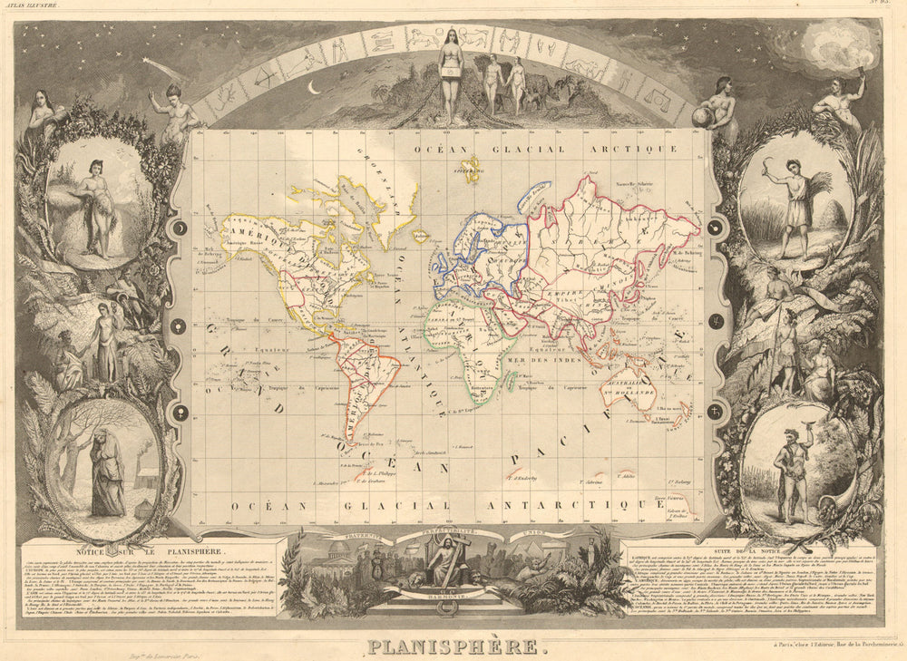 PLANISPHERE. World. Decorative antique map/carte by Victor LEVASSEUR 1852