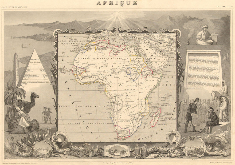 AFRIQUE. Africa. Decorative antique map/carte by Victor LEVASSEUR 1852 old