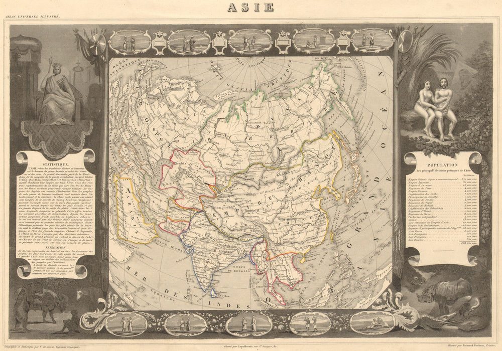 ASIE. Asia. Decorative antique map/carte by Victor LEVASSEUR 1852 old