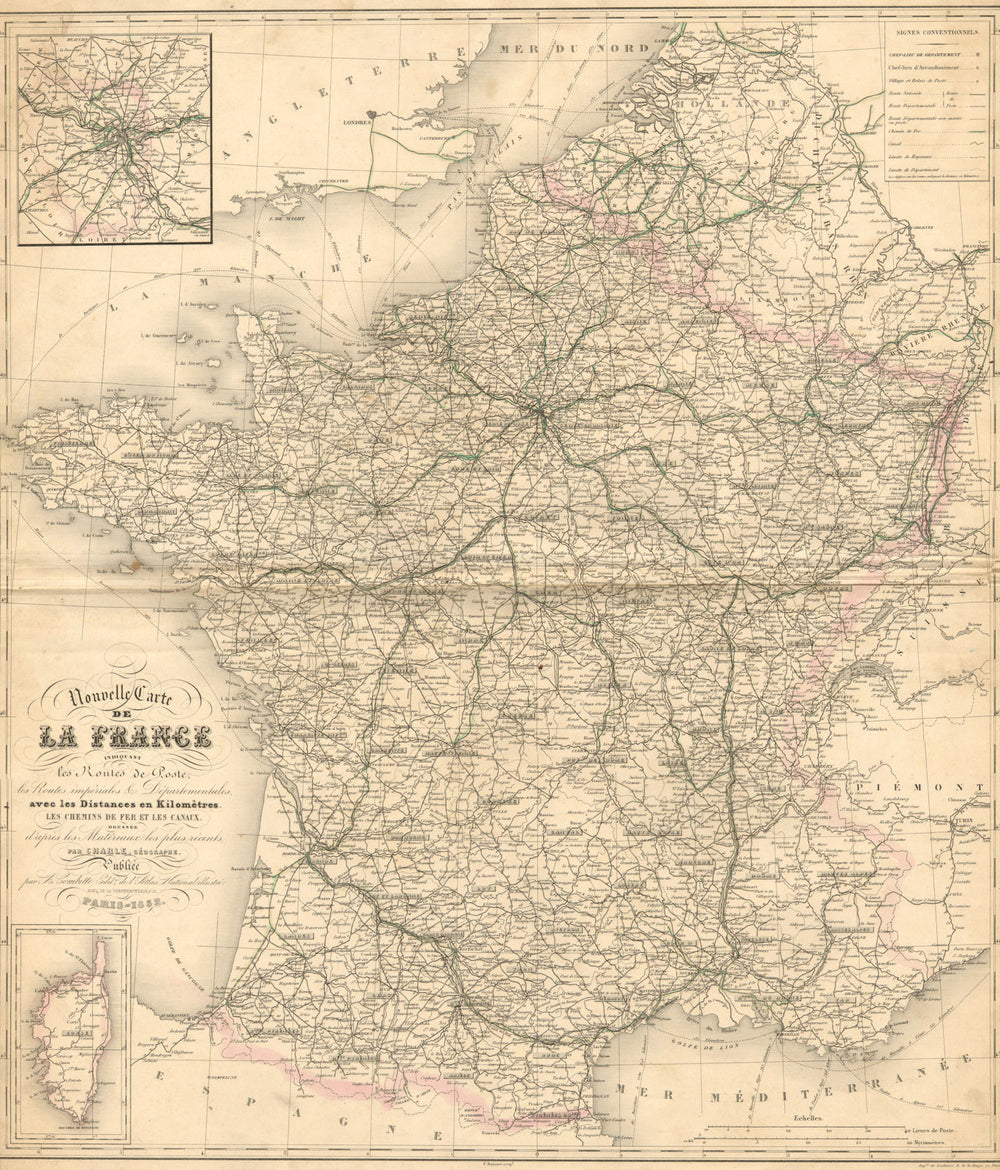 FRANCE. LARGE. Decorative antique map/carte by Victor LEVASSEUR 1852 old