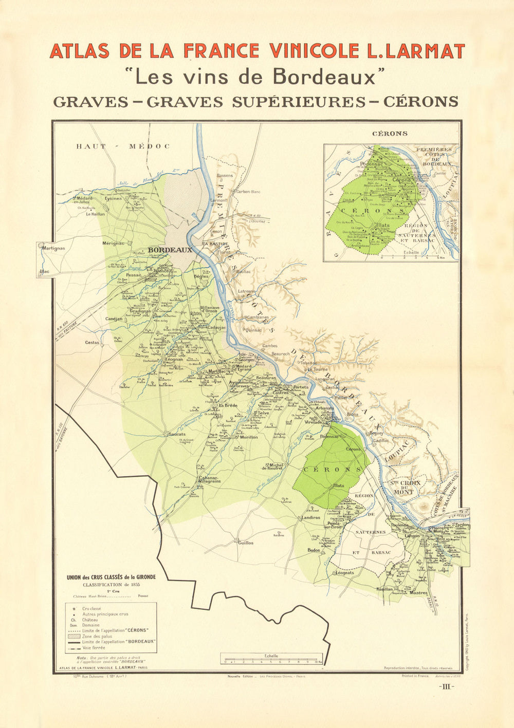 BORDEAUX VINS WINE MAP. Graves - Graves Supérieures - Cérons. LARMAT 1944