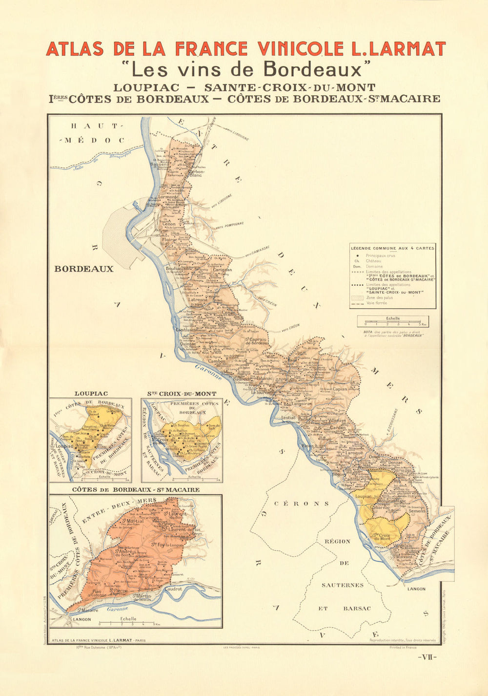 BORDEAUX VINS WINE MAP Loupiac Ste-Croix-Mont 1ères Côtes St Macaire LARMAT 1944