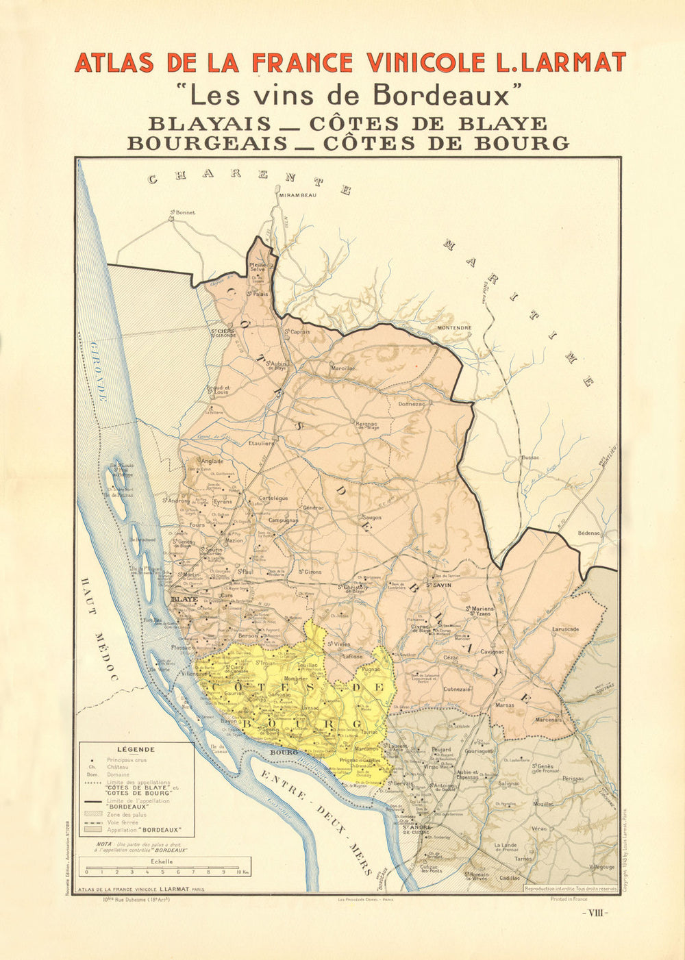 BORDEAUX VINS WINE MAP. Blayais Côtes de Bourg & Blaye Bourgeais. LARMAT 1944