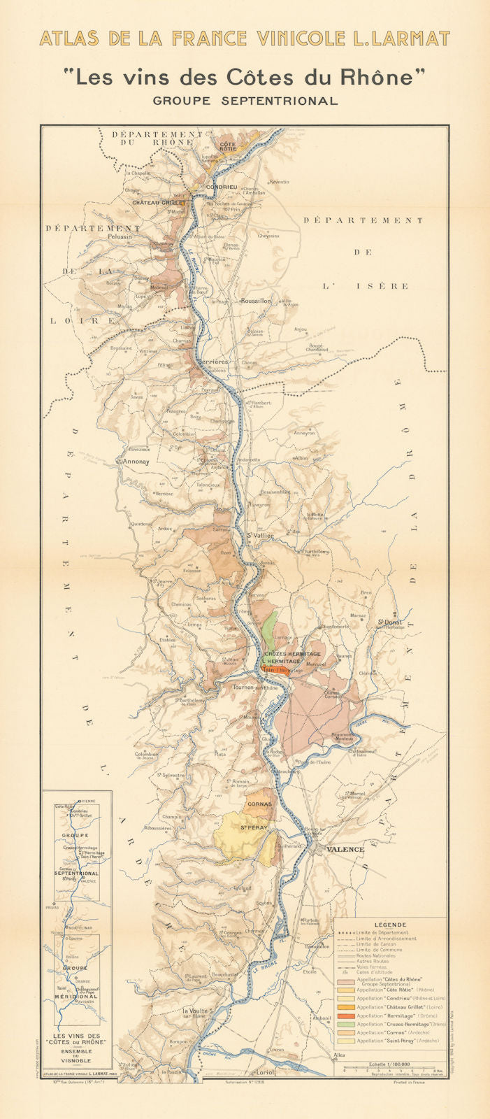 RHÔNE WINE MAP. Northern vineyards. Condrieu - Hermitage - Cornas. LARMAT 1943