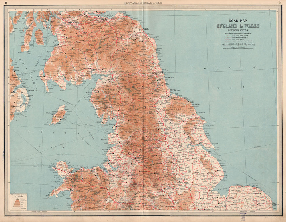 ENGLAND & WALES NORTH. Road Map. A & B roads. Pre-motorways. LARGE 1939