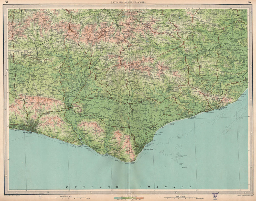 EAST SUSSEX. Brighton Eastbourne Bexhill Hastings Ashdown Forest.LARGE 1939 map