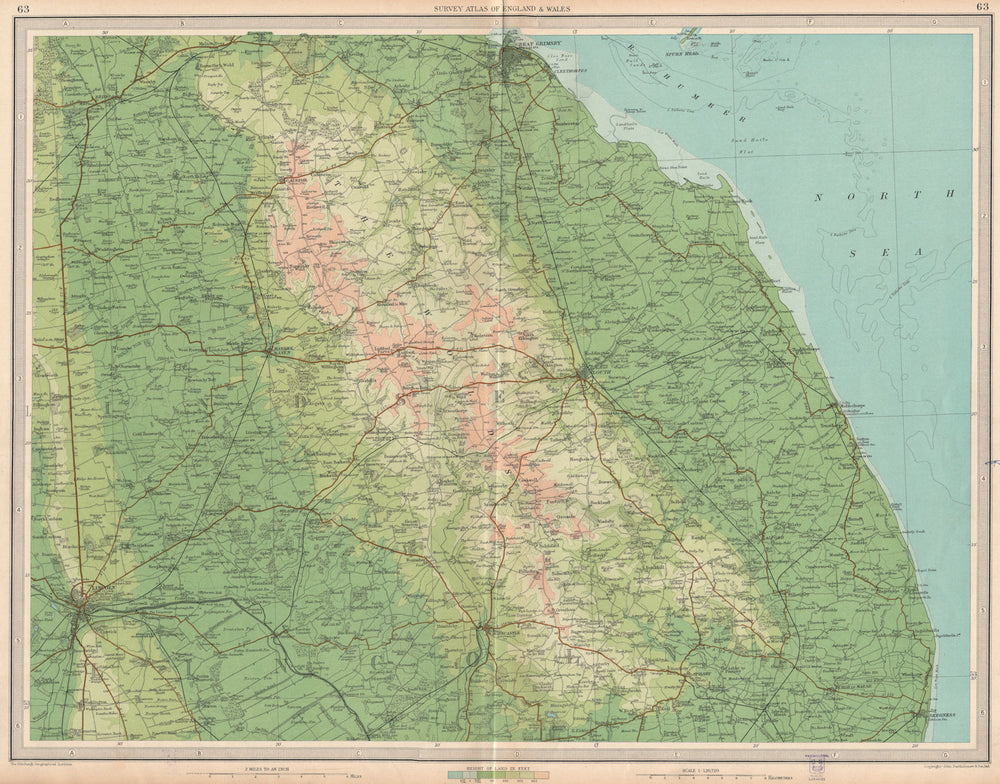 LINCOLNSHIRE WOLDS. Lincoln Grimsby Louth Skegness Horncastle. LARGE 1939 map
