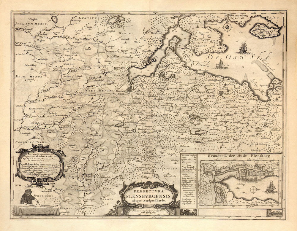 PRAEFECTURA FLENSBURGENSIS. Flensburg prefecture & town plan. BLAEU c1667 map