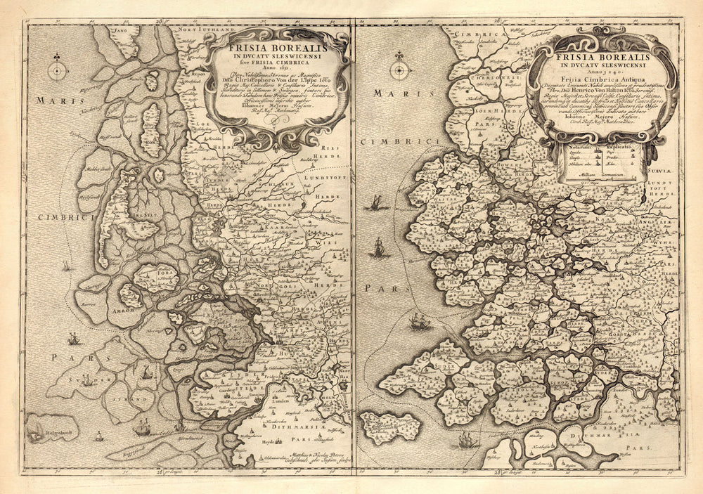 FRISIA BOREALIS. Nordfriesland 1240 & 1651; pre/post flooding. BLAEU c1667 map