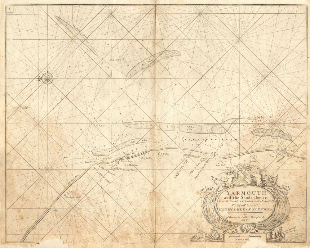YARMOUTH. Norfolk coast sea chart. Lowestoft Caister. COLLINS c1755 old map