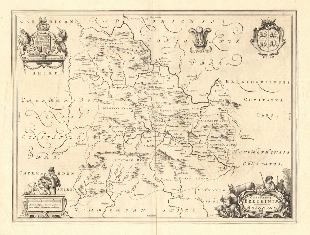 'COMITATUS BRECHINIAE; BREKNOKE'. Brecknockshire. Brecon. BLAEU c1645 old map