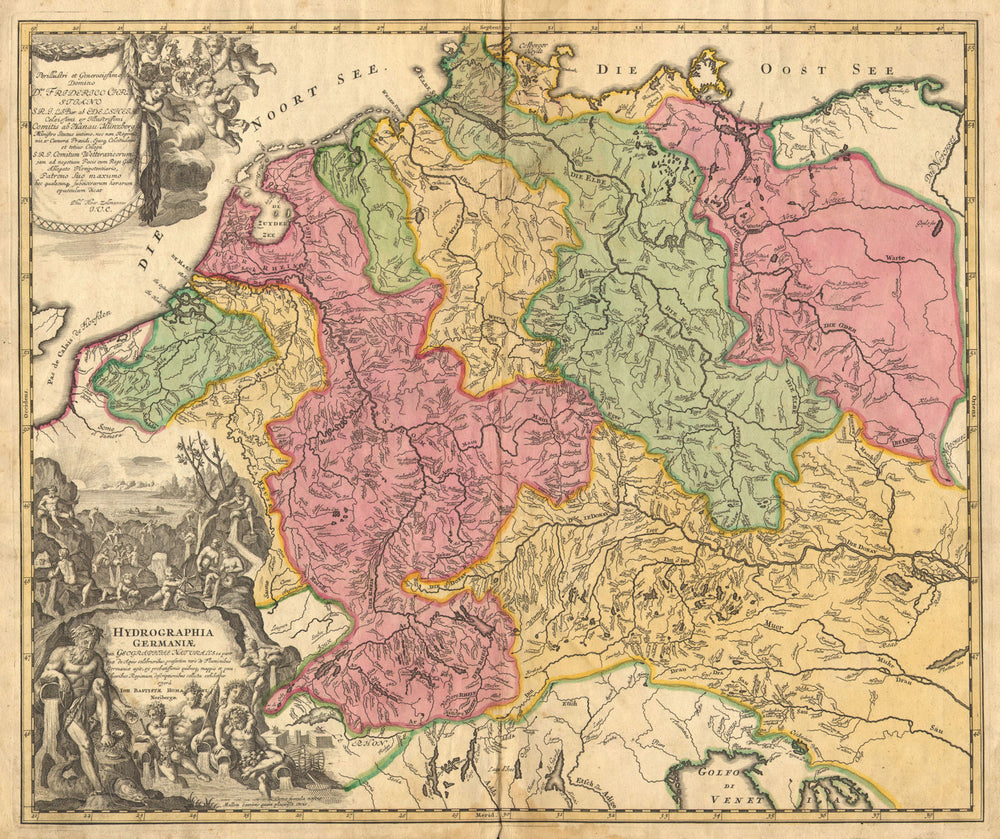 'HYDROGRAPHIA GERMANIAE'. River watersheds. Rhine Danube Elbe.HOMANN c1730 map