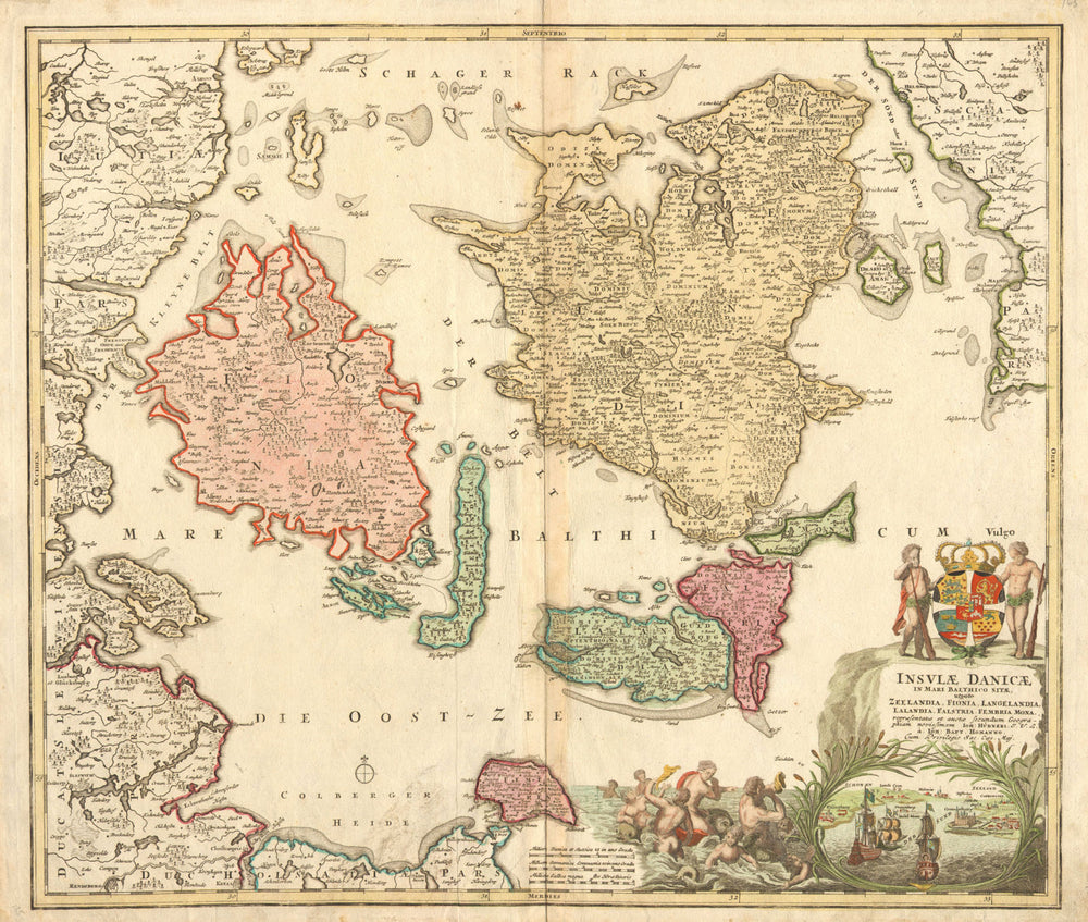'INSULAE DANICAE' Denmark islands Zealand/Sjaelland Funen/Fyn.HOMANN c1730 map