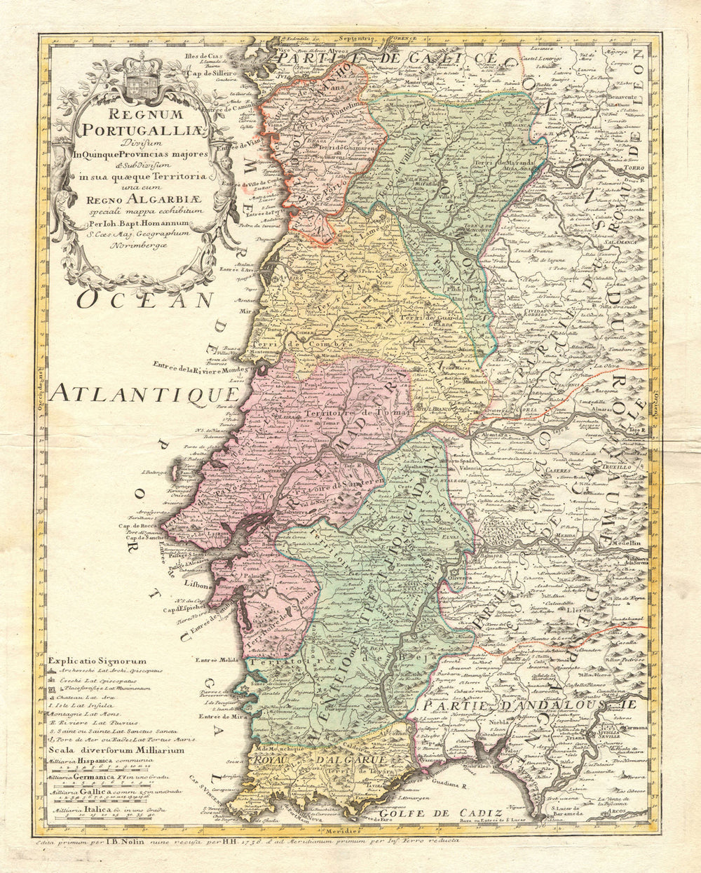 REGNUM PORTUGALLIAE'. Kingdom of Portugal. NOLIN / HOMANN 1736 old antique map