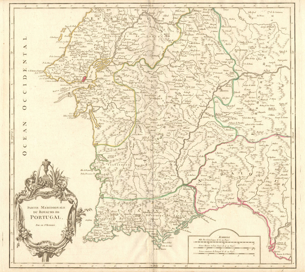 'PARTIE MERIDIONALE DU ROYAUME DE PORTUGAL'. Lisbon. DE VAUGONDY c1751 old map