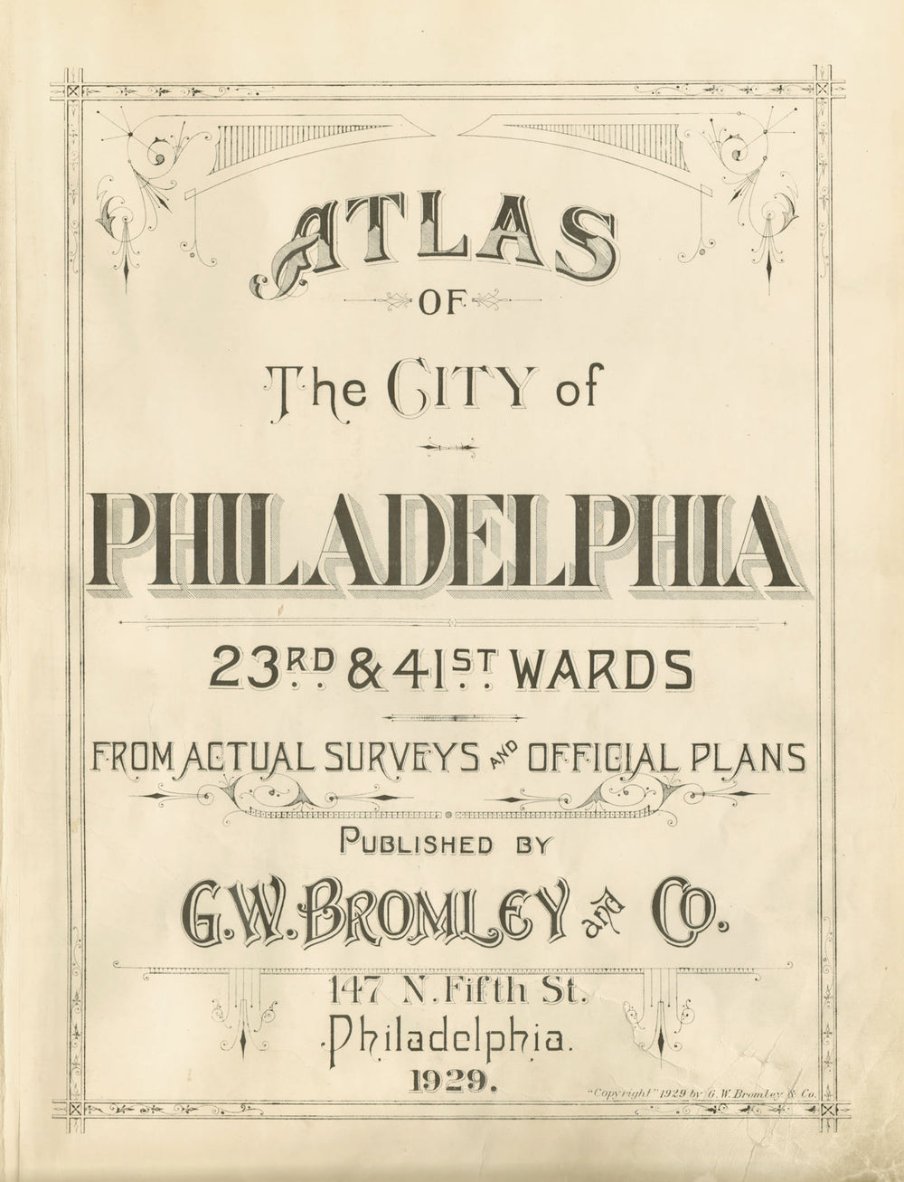 Title Page of "ATLAS OF THE CITY OF PHILADELPHIA". BROMLEY 1929 old print
