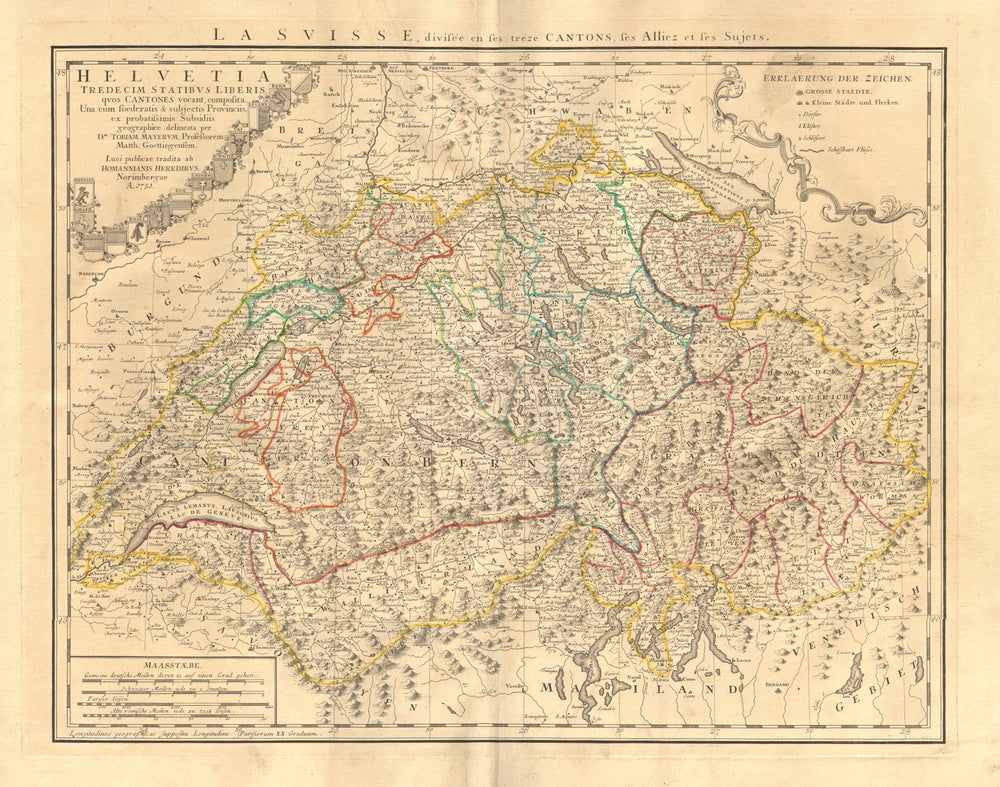'La Suisse, divisée en ses tréze cantons'. Schweiz Switzerland. HOMANN 1751 map