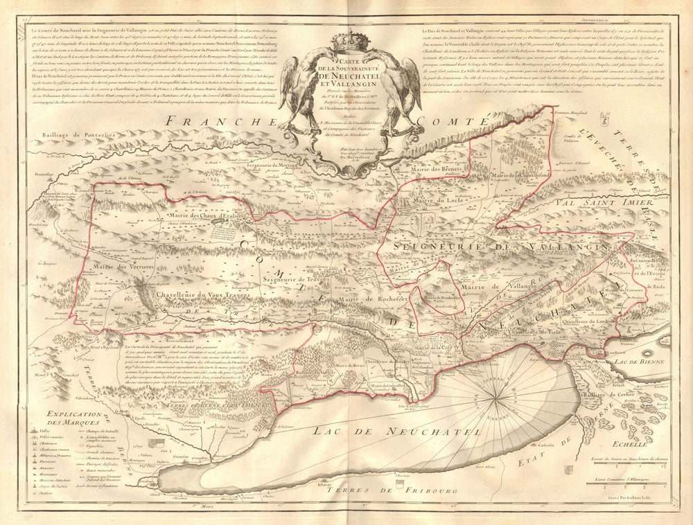 'Carte de la souveraineté de Neuchatel et Vallangin'. MERVEILLEUX c1745 map