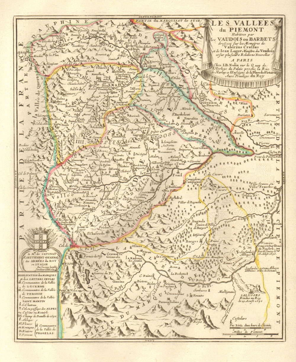 'Les vallées du Piemont habitees par les Vaudois'. Piemonte. NOLIN c1740 map
