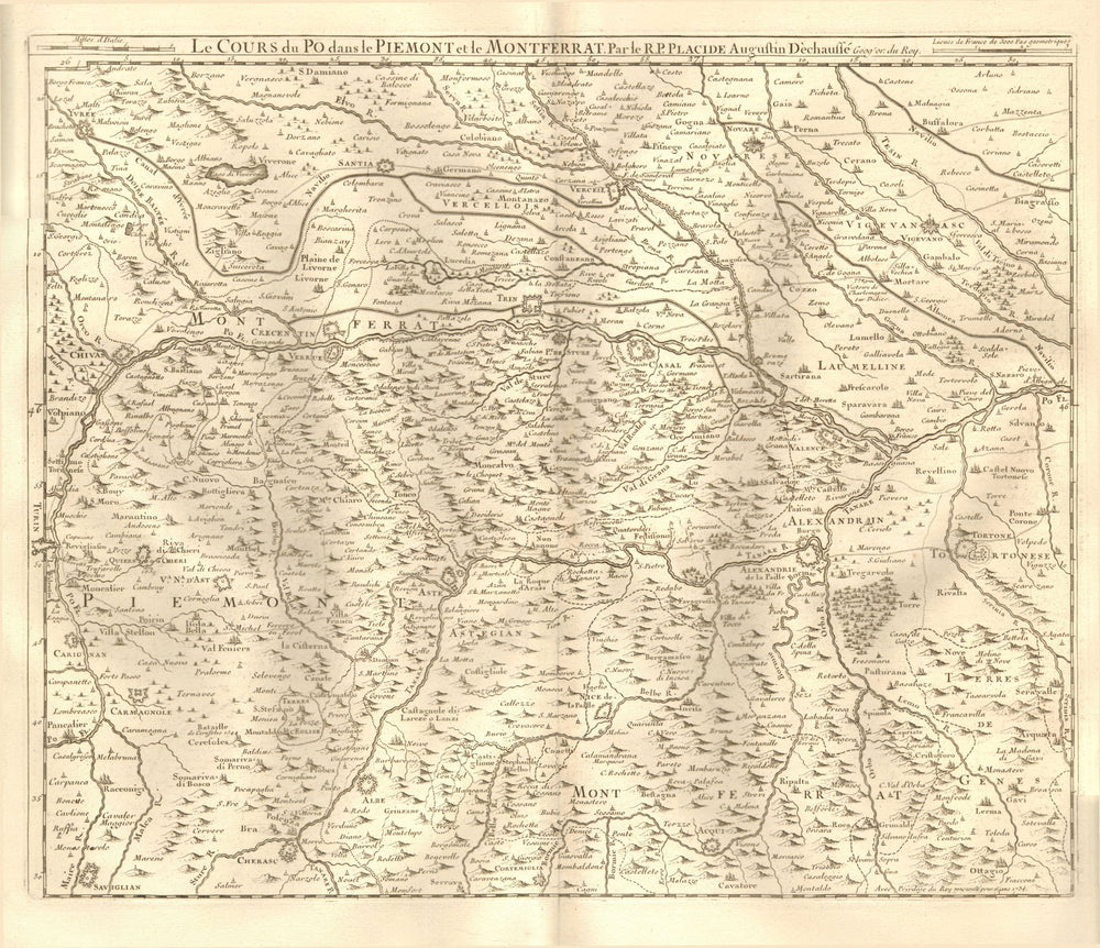 'Le cours du Po dans Piemont et Montferrat' Piemonte Monferrato.PLACIDE 1734 map