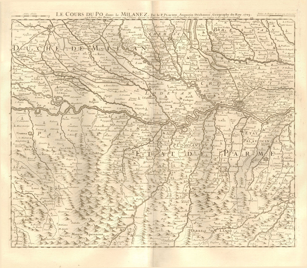 'Le cours du Po dans le Milanez'. Milano Piacenza Lodi Voghera. PLACIDE 1734 map