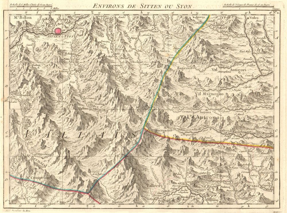 VALAIS/ITALIAN ALPS. Syon Saas Zermatt Borgosesia Macugagna. D'ANVILLE 1754 map