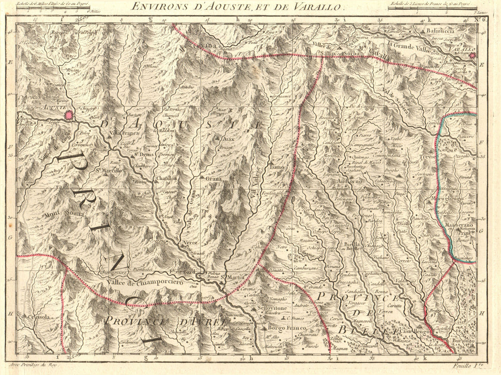 AOSTA/BIELLA. Cervinia Valtournenche Torgnon Pila Gressoney. D'ANVILLE 1754 map