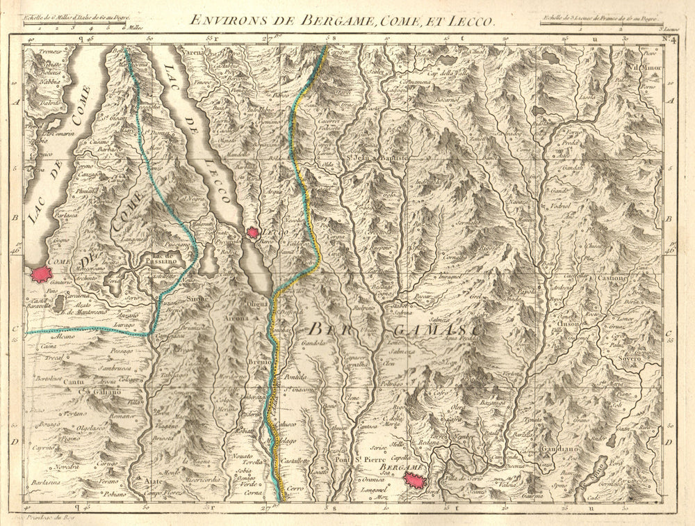 ITALIAN LAKES. Lago di Como Lecco Annone Pusiano. Bergamo. D'ANVILLE 1754 map