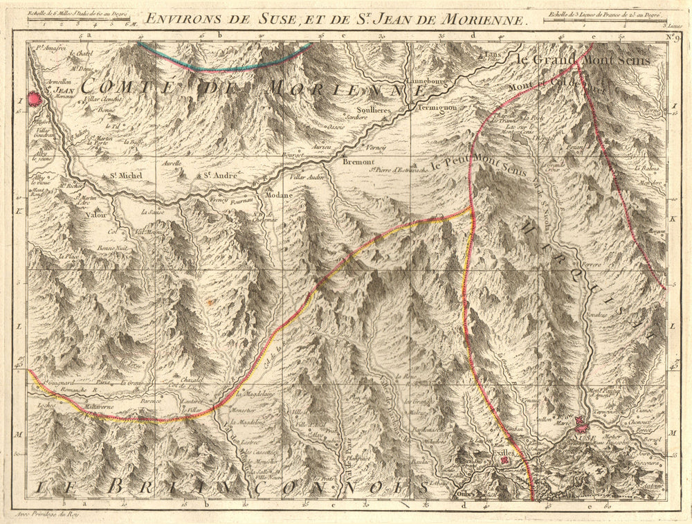 SAVOIE/SUSA VALLEY. Maurienne Modane Oulx Bardonecchia. D'ANVILLE 1754 old map