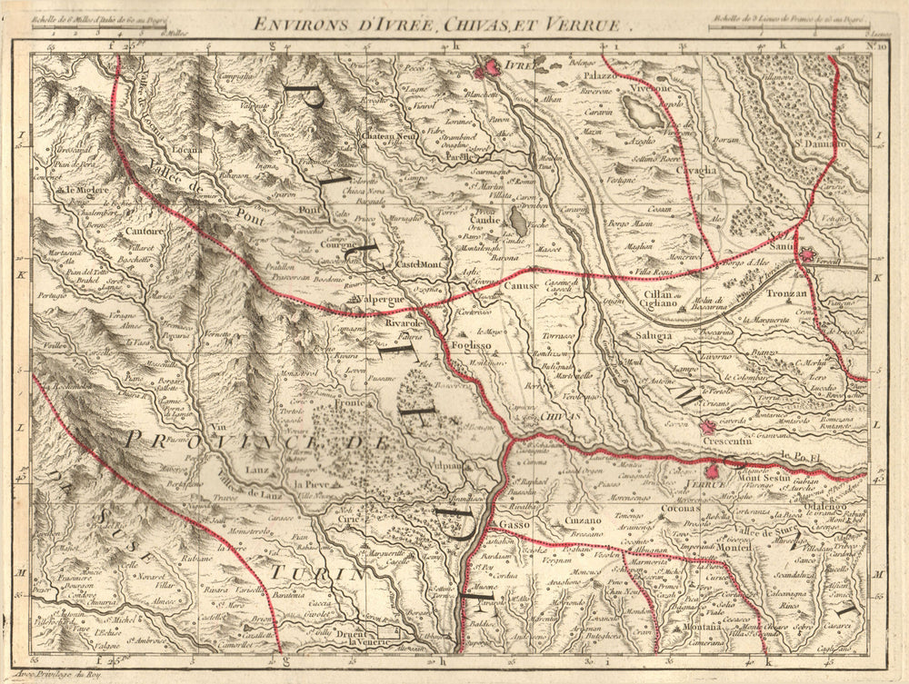 PIEMONTE/PIEDMONT Turin/Torino-Ivrea.Chivasso Verrua Savoia. D'ANVILLE 1754 map