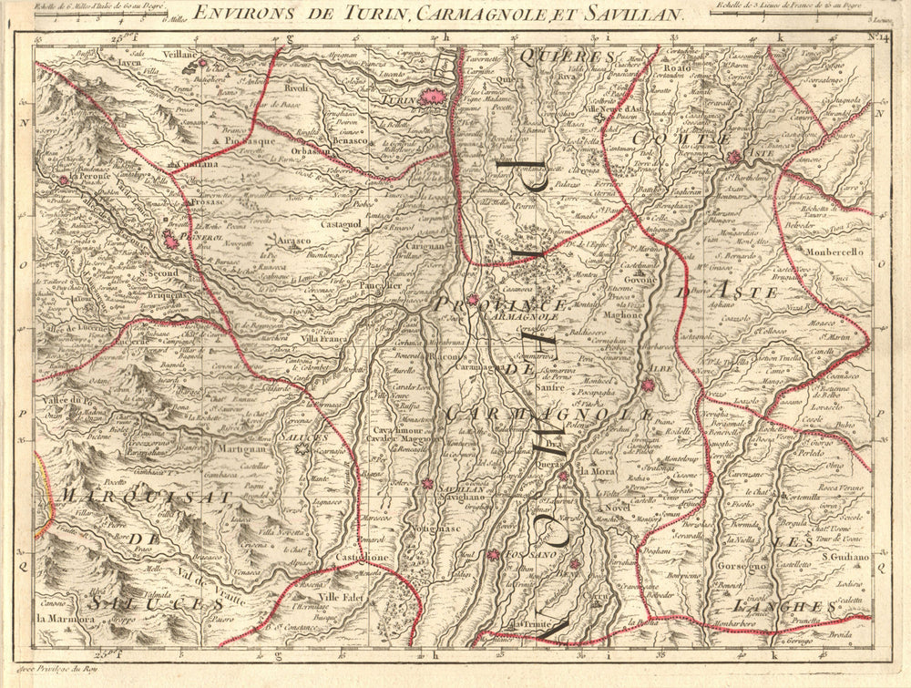 TURIN/TORINO ENVIRONS. Carmagnola Savigliano Asti Pinerolo. D'ANVILLE 1754 map