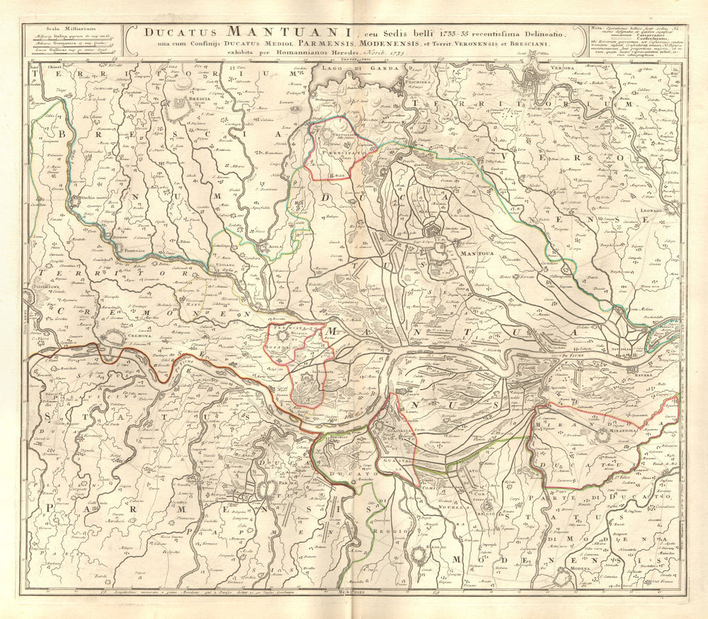 'Ducatus Mantuani' Duchy of Mantua. Verona Cremona Parma Reggio. HOMANN 1735 map