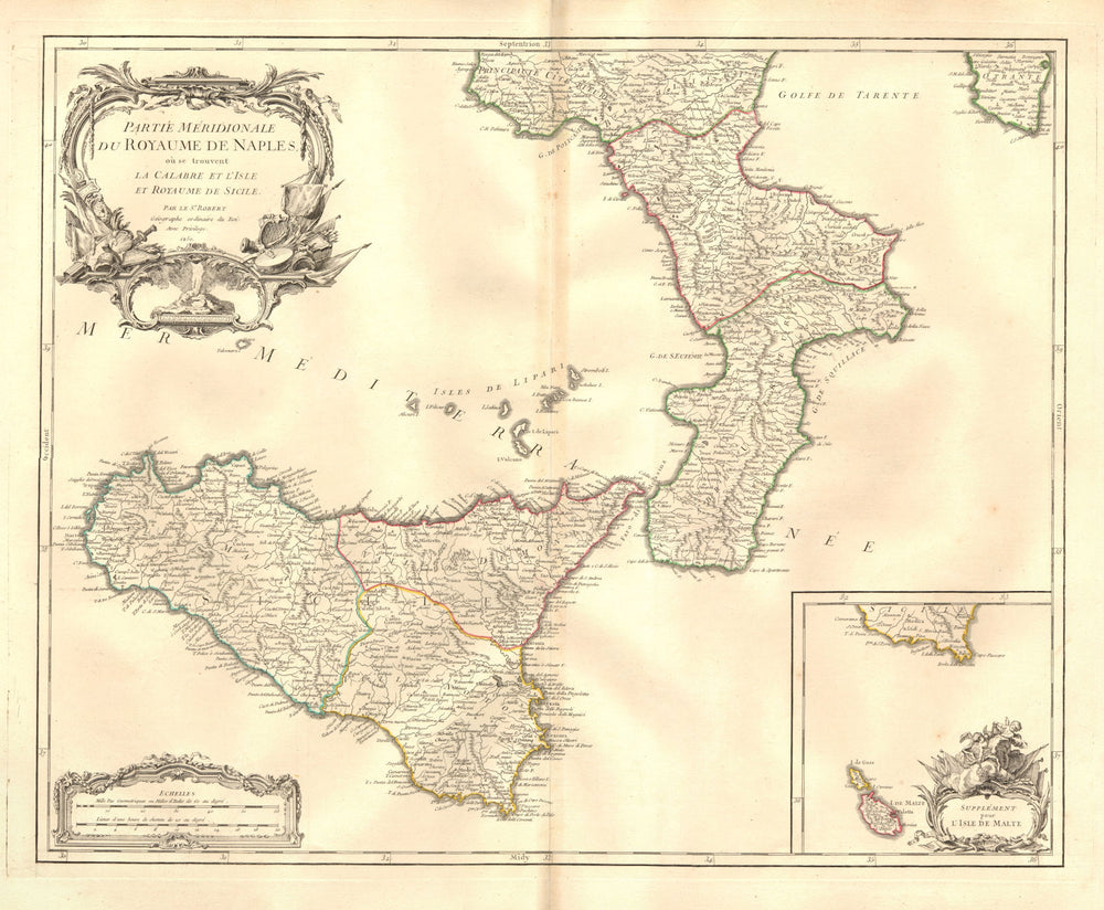 'Partie meridionale du Royaume de Naples'. Calabria Sicilia. VAUGONDY 1750 map