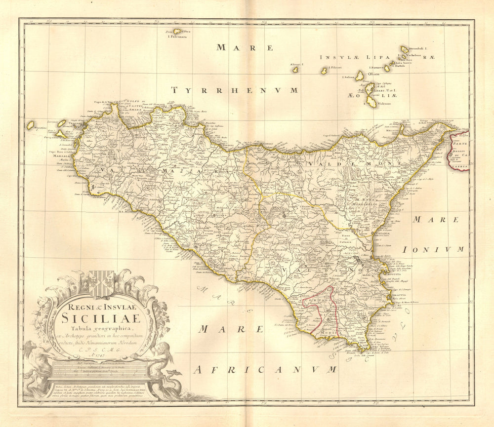 'Regni & insulae Siciliae'. Sicily kingdom/islands. Isole Eolie. HOMANN 1747 map