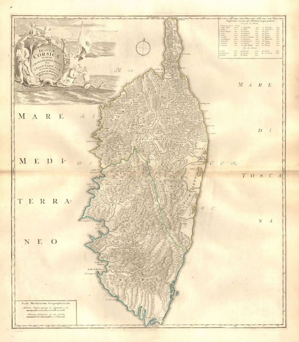'Insulae Corsicae'. Corsica. Original outline colour. VOGT/HOMANN 1735 old map