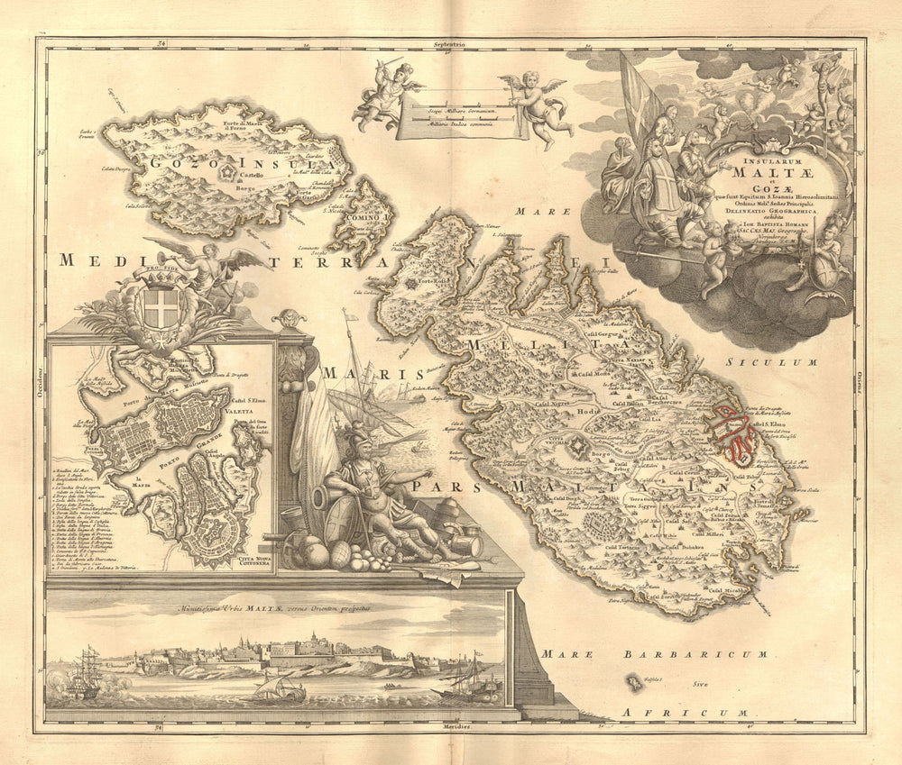 'Insularum Maltae et Gozae'. Malta & Gozo. Valetta plan & view. HOMANN 1740 map