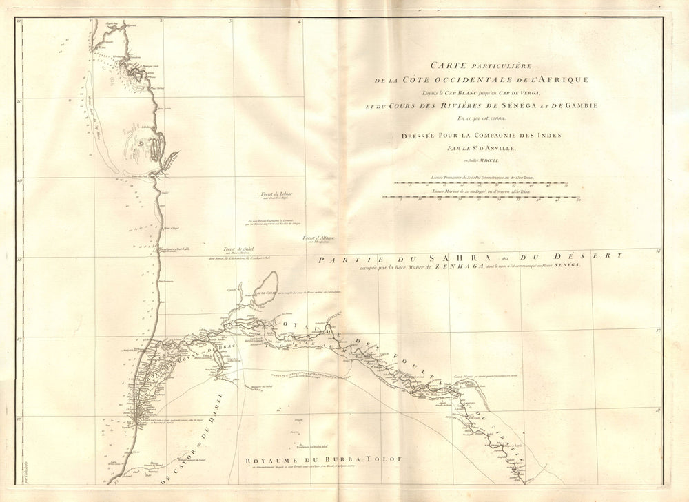 Côte occidentale de l'Afrique. W Africa.Senegal Gambia rivers.D’ANVILLE 1751 map