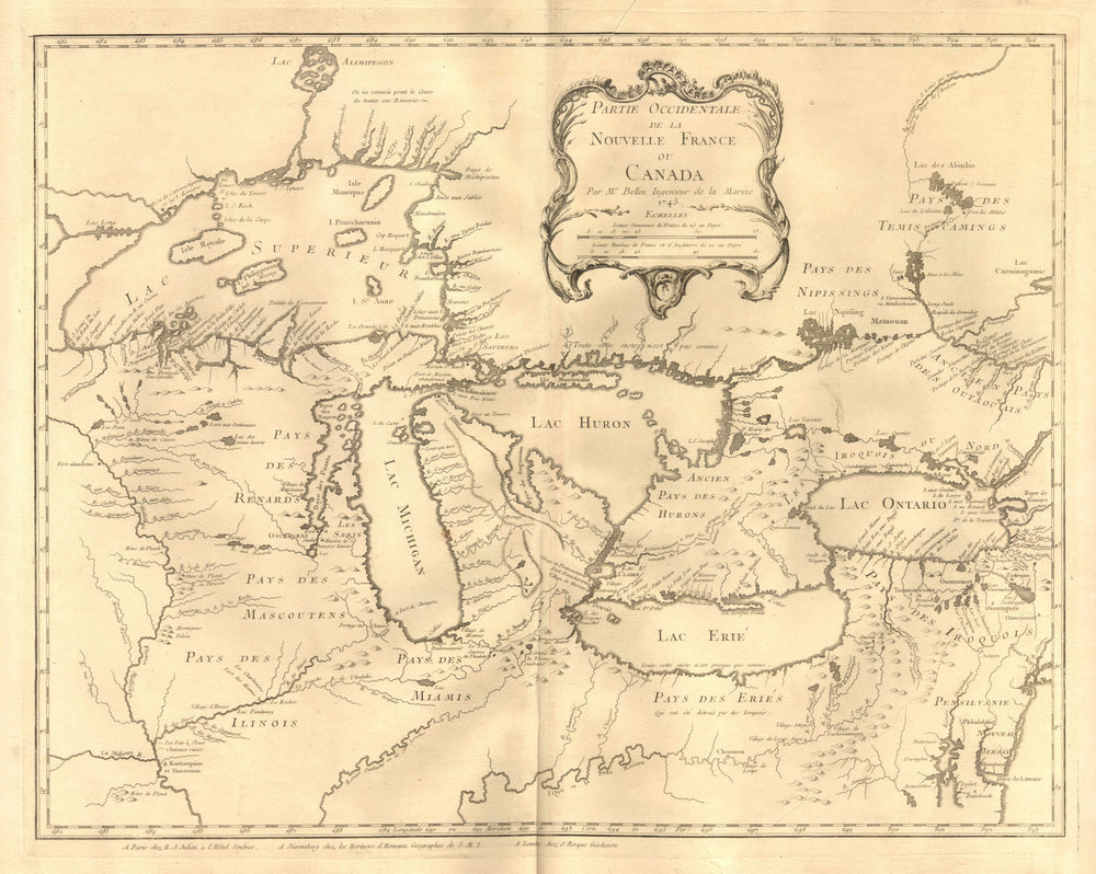 'Partie occidentale de la Nouvelle France ou Canada'.Great Lakes.BELLIN 1745 map
