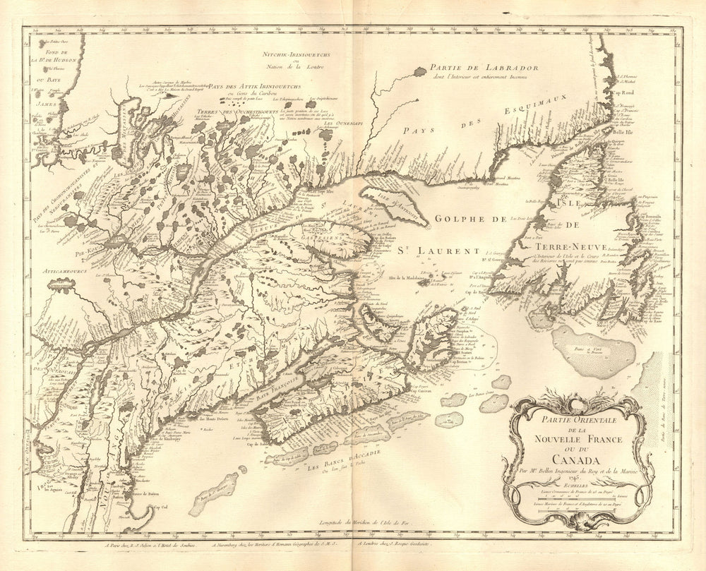'Partie orientale de la Nouvelle France ou Canada'. St Lawrence. BELLIN 1745 map