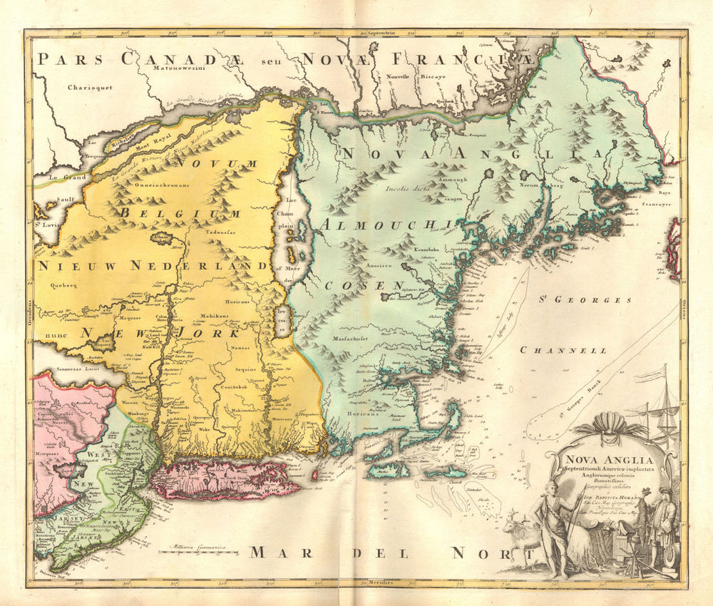 'Nova Anglia'.New England Novum Belgium.Long Island Jorck Shire.HOMANN c1720 map