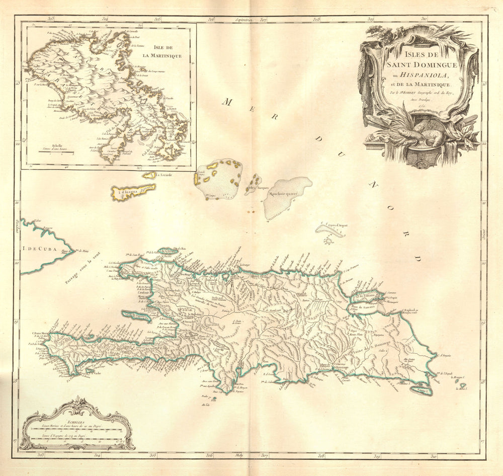 'Saint Domingue ou Hispaniola et...Martinique'. Santo Domingo. VAUGONDY 1750 map