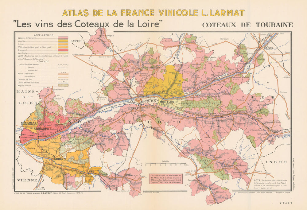 LOIRE WINE MAP Coteaux de Touraine Vouvray Chinon Montlouis AOC. LARMAT 1946