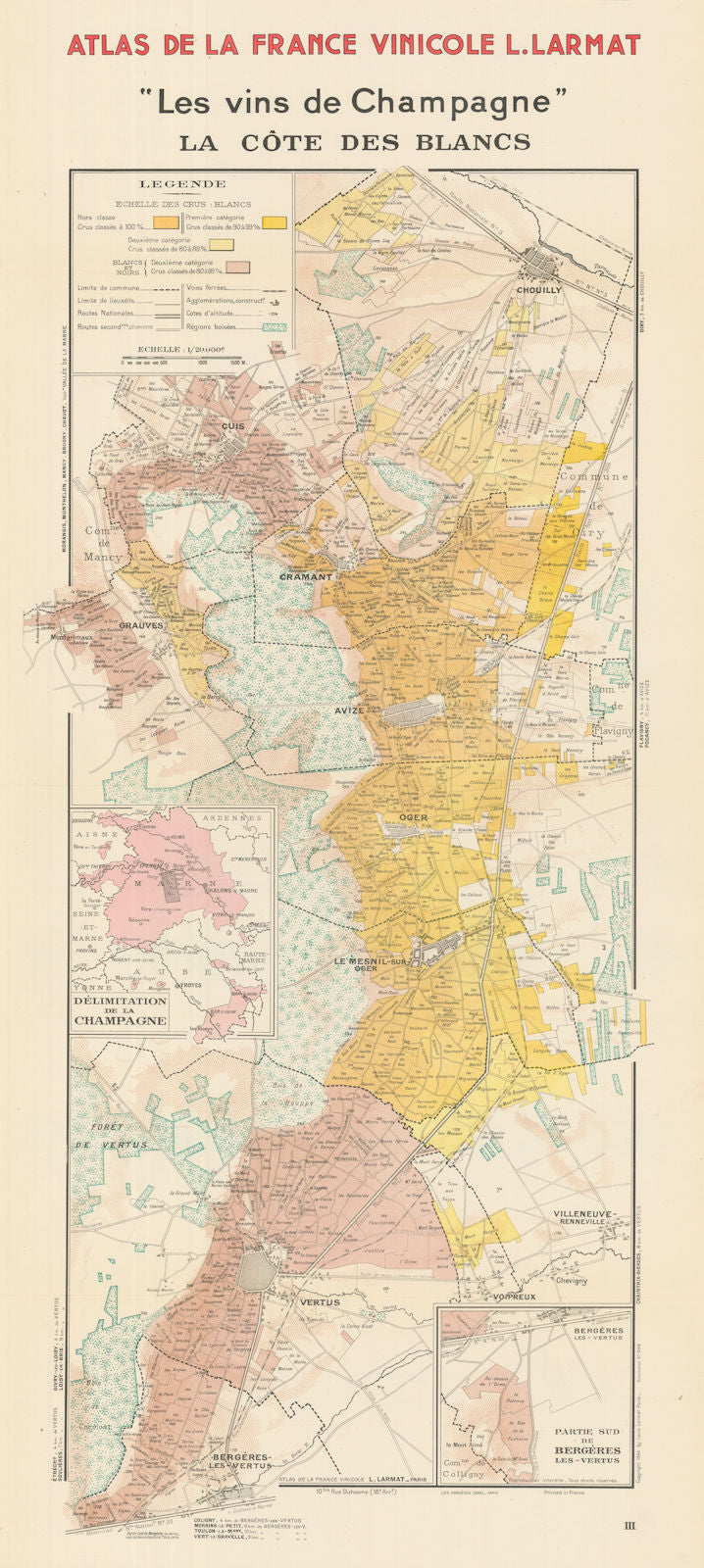 CHAMPAGNE VINEYARD MAP La Côte des Blancs. Cramant Avize Oger Mesnil LARMAT 1944