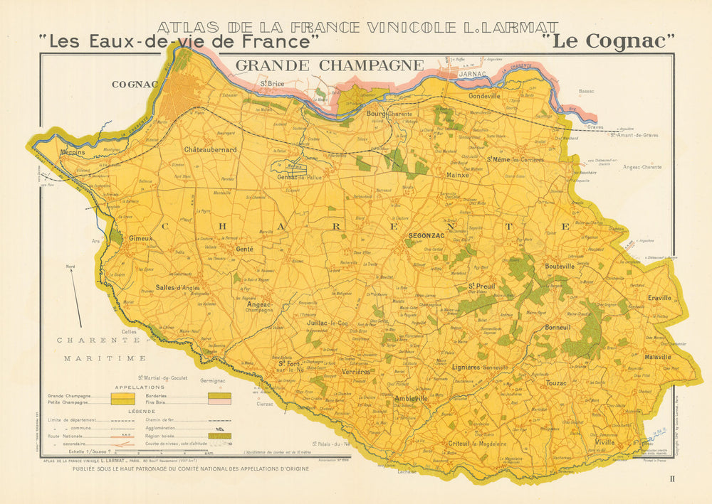 COGNAC BRANDY MAP Grand Champagne. Charente. Eaux-de-vie. LARMAT 1947 old
