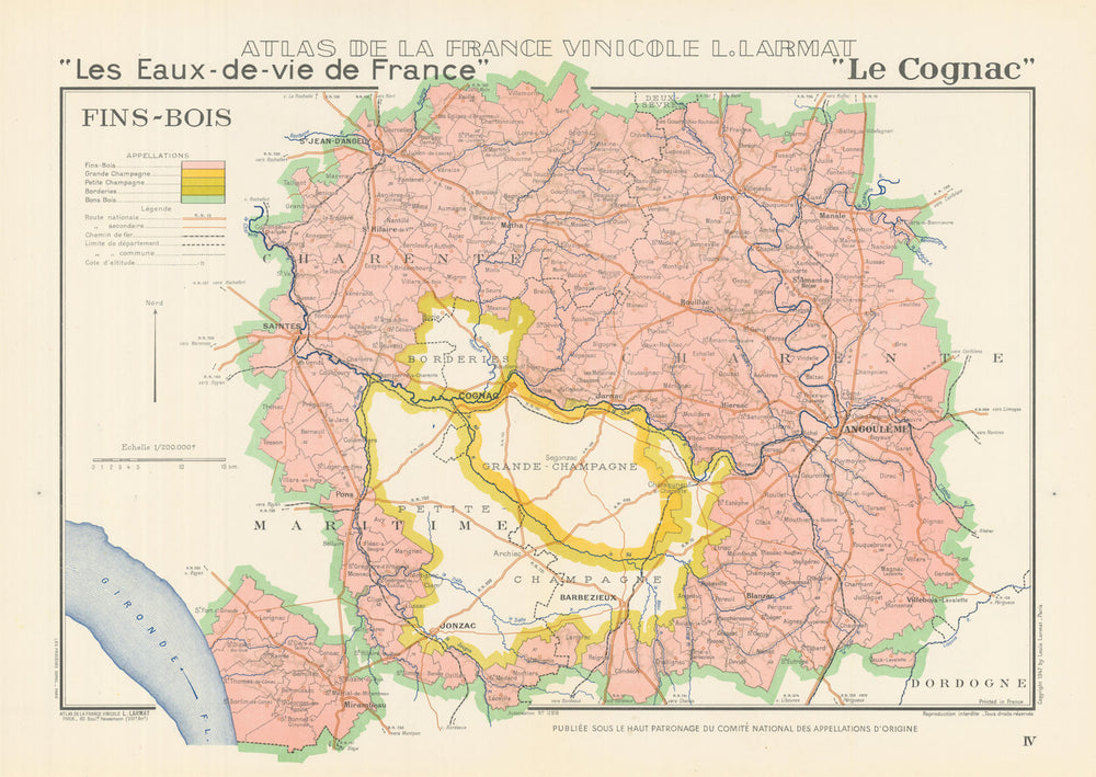 COGNAC BRANDY MAP Fins-Bois. Eaux-de-vie. Charente Maritime. LARMAT 1947