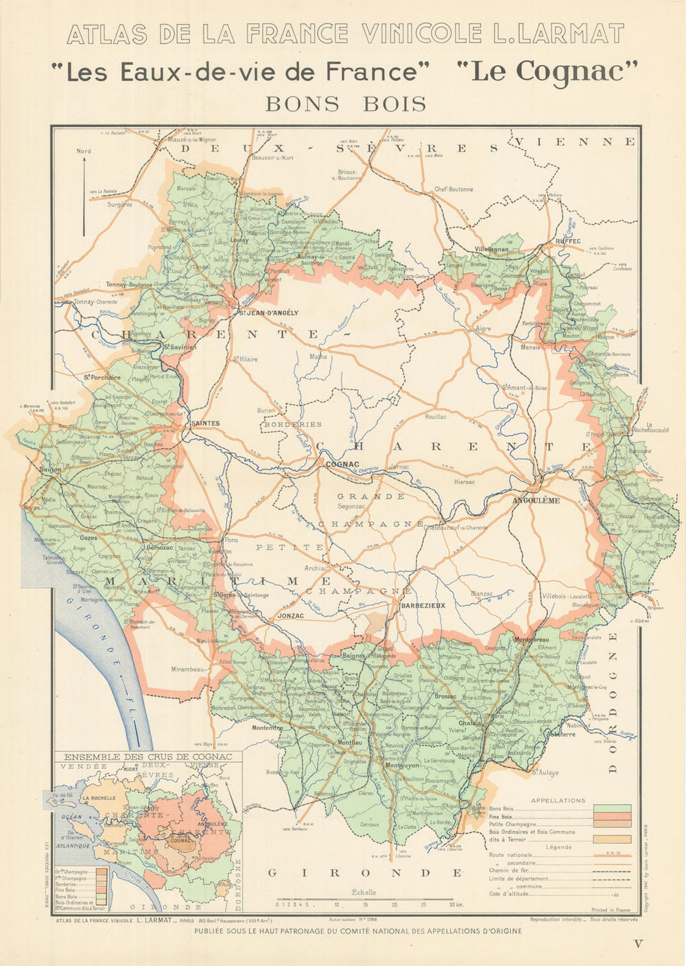 COGNAC BRANDY MAP Bons Bois. Eaux-de-vie. Charente Maritime. LARMAT 1947