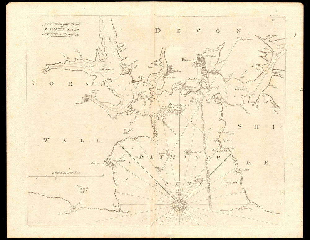 PLYMOUTH SOUND, Cattewater & Hamoaze sea chart by Capt G. COLLINS c1774 map